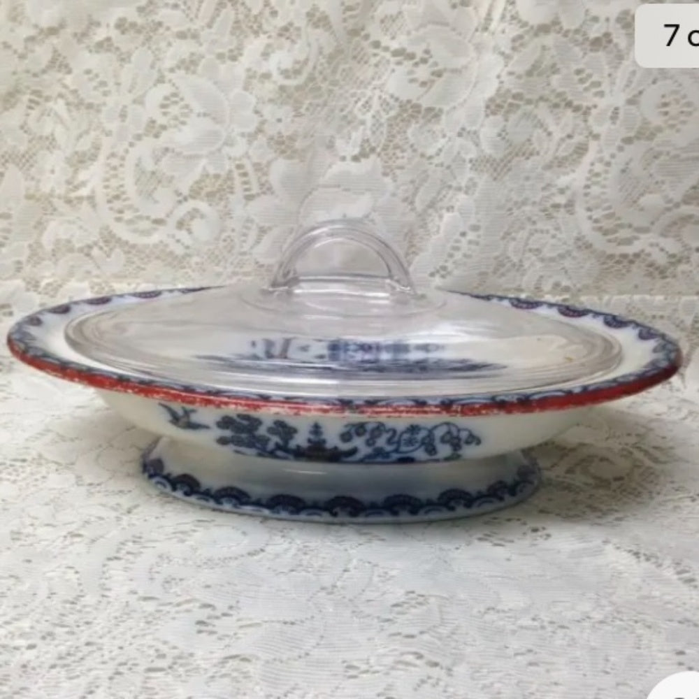 Antique, Flow Blue Willow, E.M. Co., England, 11.5in x 8.5in Lidded Bowl-Tureen