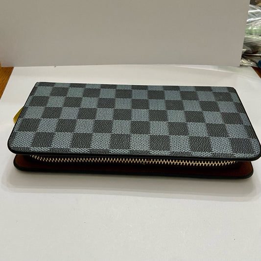 Blue and Black Plaid Faux Leather Zippy Long Wallet 8in x 4in