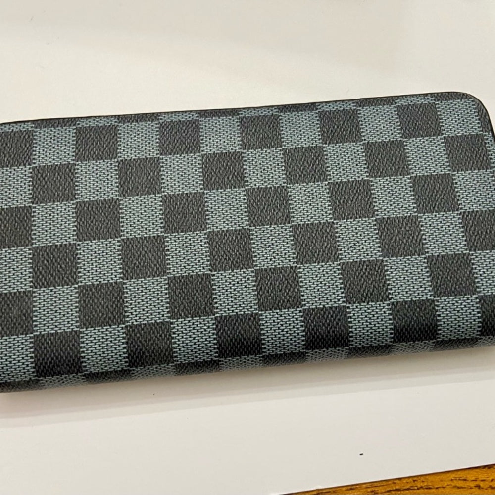 Blue and Black Plaid Faux Leather Zippy Long Wallet 8in x 4in