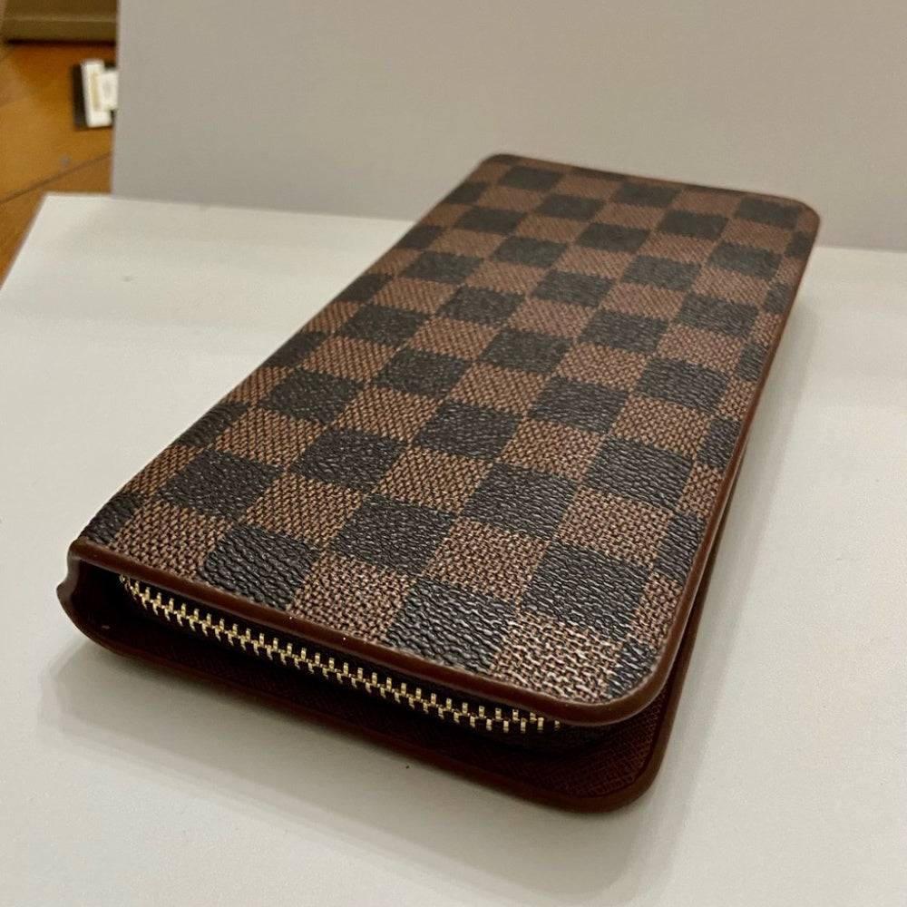 Brown and Tan  Plaid Faux Leather Zippy Long Wallet 8in x 4in