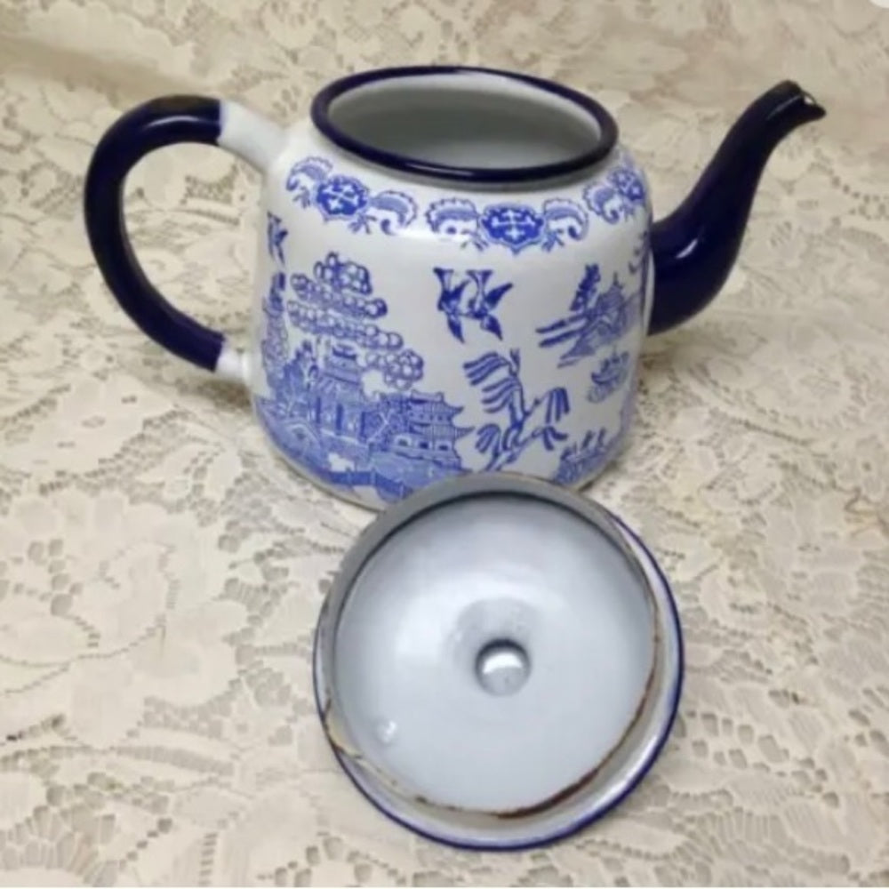 Antique, Blue Willow Enamelware Teapot or Tea Kettle 9in x 6in
