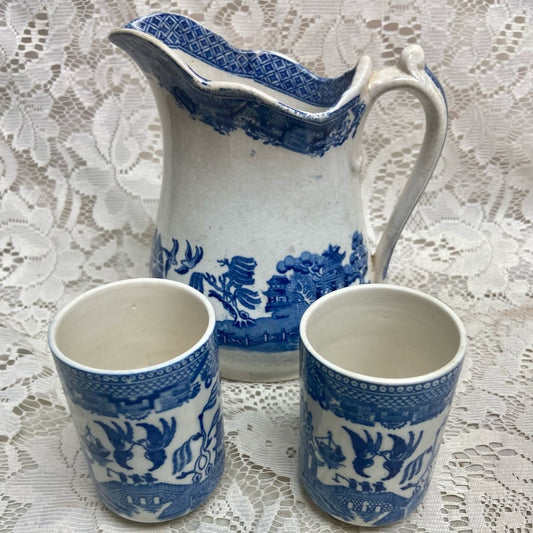 Vintage, Edge Malkin England,Blue Willow, 6.5in Pitcher with 2 Tumblers