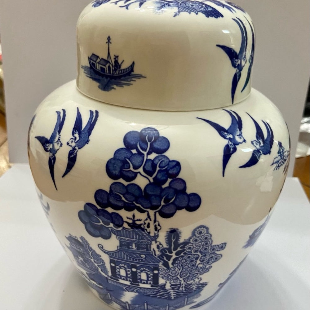 Vintage, Rare, Coalport-England Blue Willow Ginger, Prune or Tea Jar 7in x 6.5in