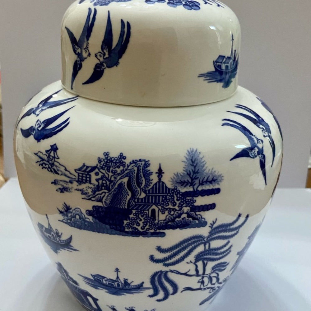 Vintage, Rare, Coalport-England Blue Willow Ginger, Prune or Tea Jar 7in x 6.5in