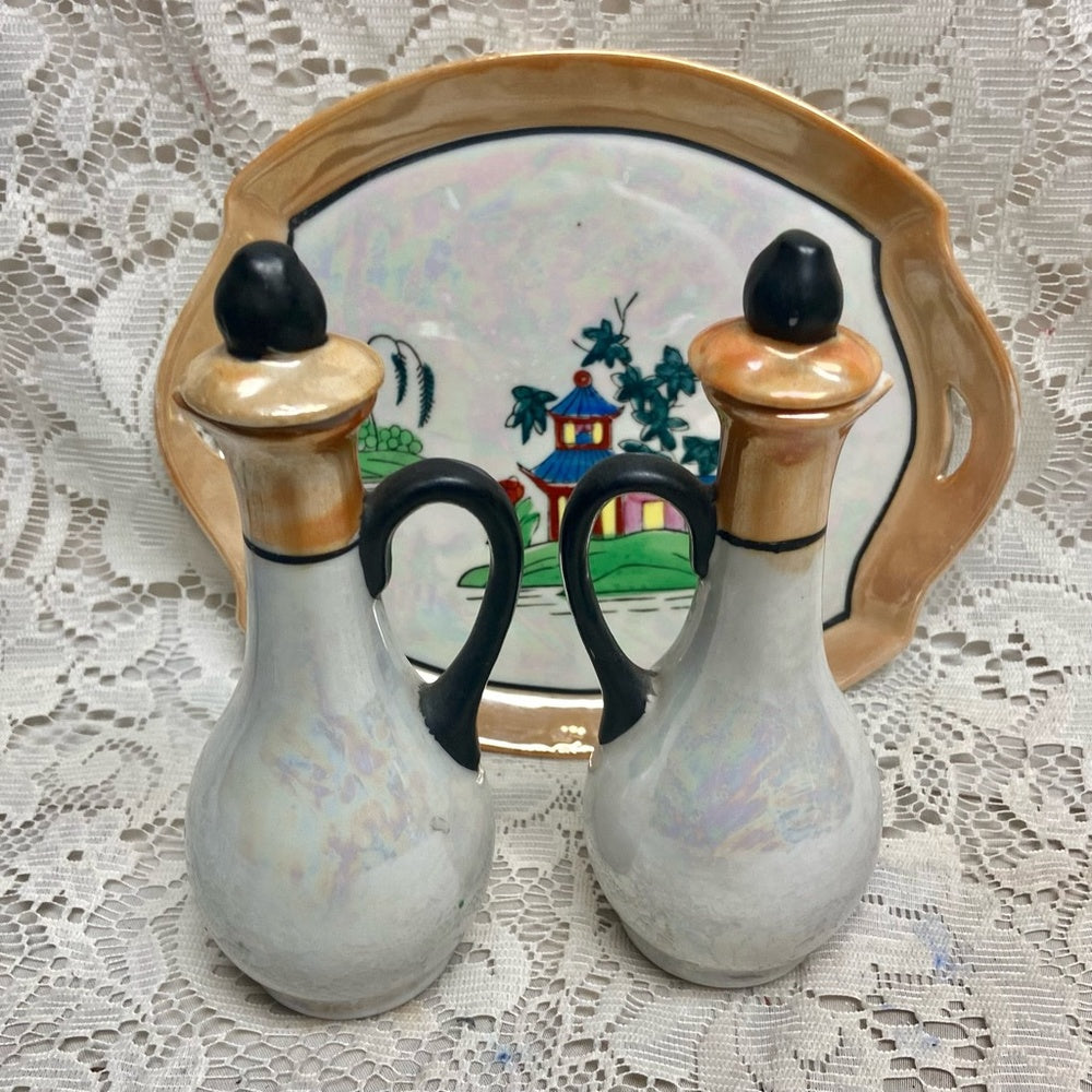 Vintage, Rare 8-pc Variant, Polychrome Blue Willow Condiment Set