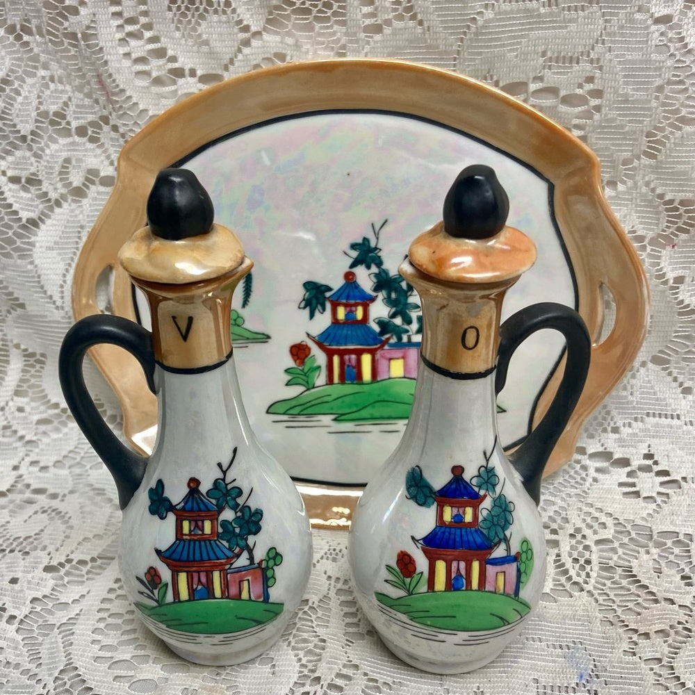 Vintage, Rare 8-pc Variant, Polychrome Blue Willow Condiment Set