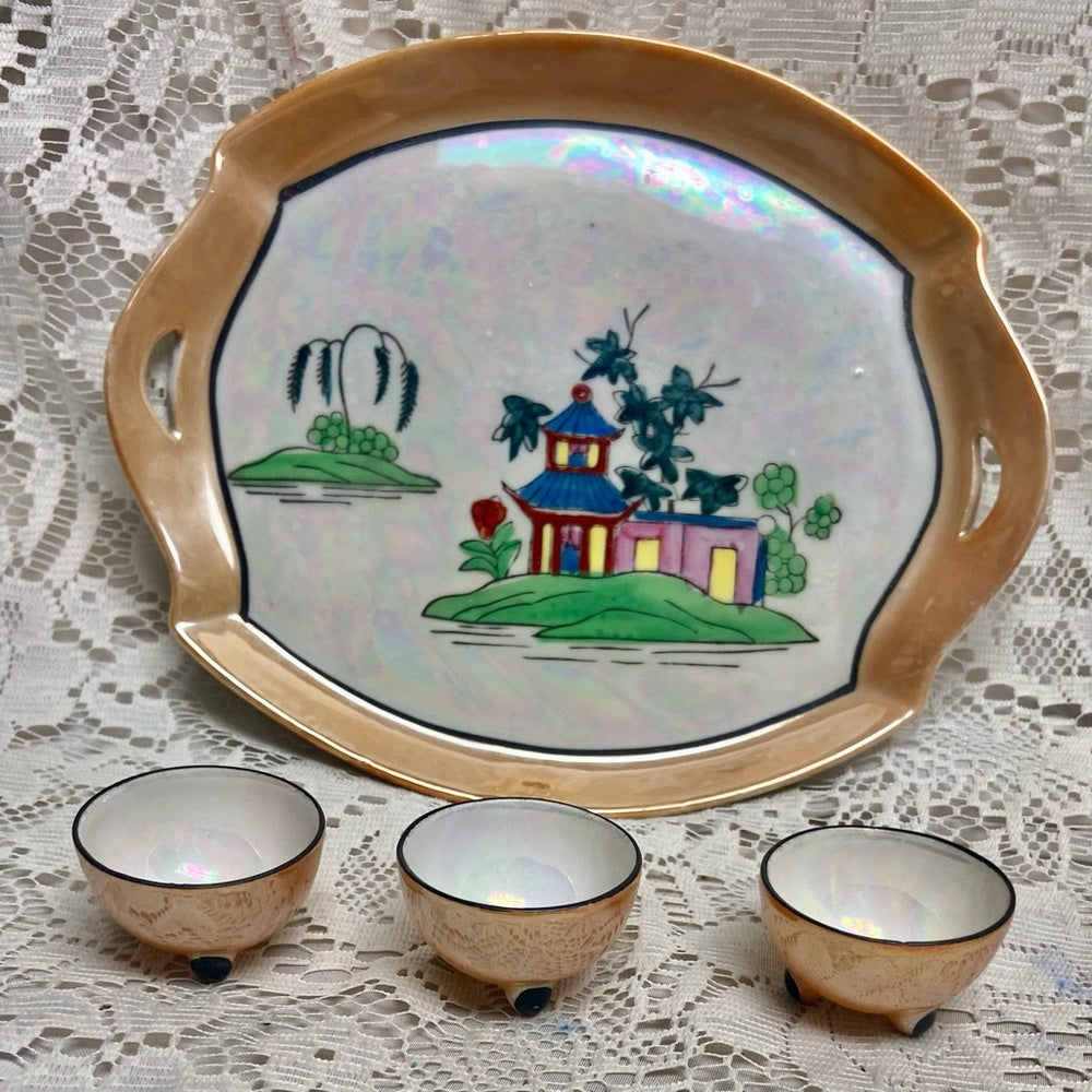 Vintage, Rare 8-pc Variant, Polychrome Blue Willow Condiment Set