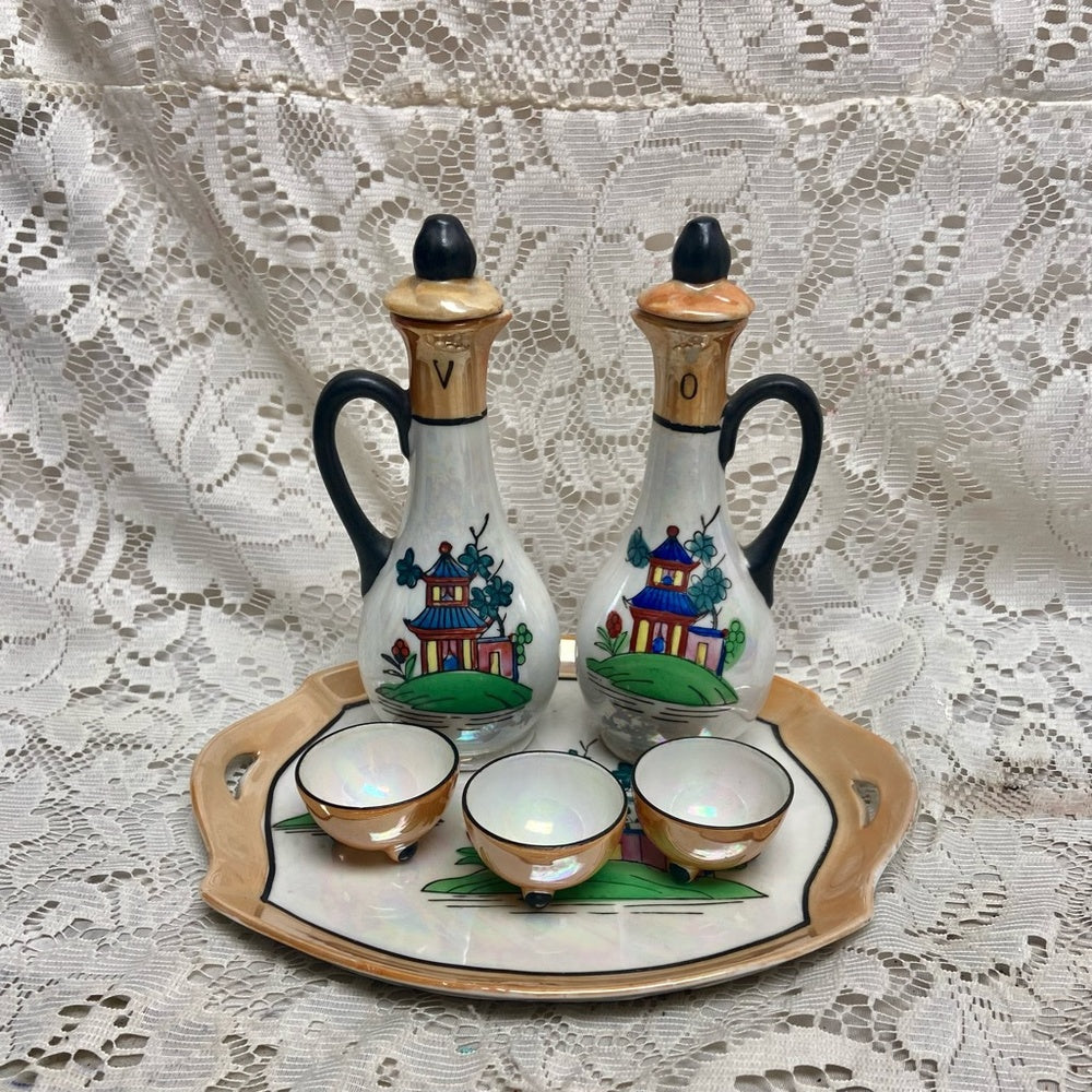 Vintage, Rare 8-pc Variant, Polychrome Blue Willow Condiment Set
