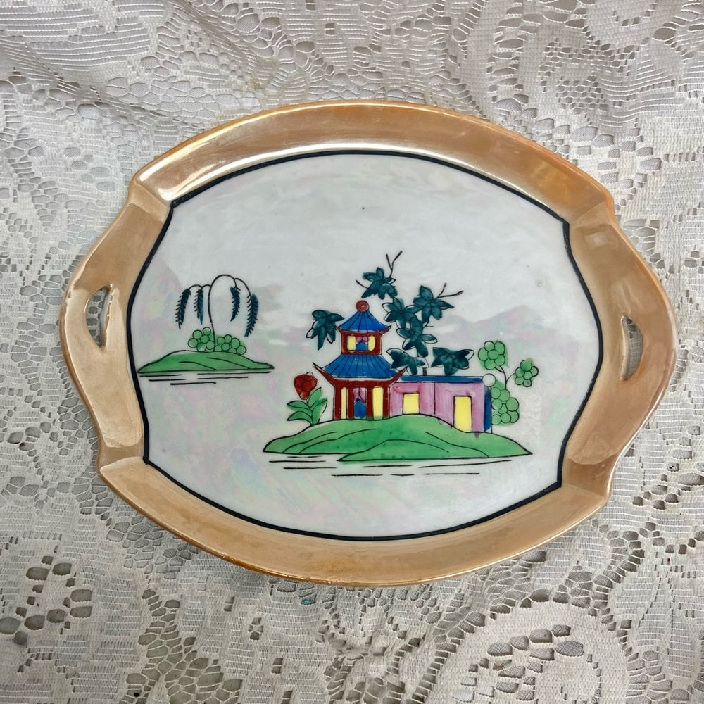Vintage, Rare 8-pc Variant, Polychrome Blue Willow Condiment Set