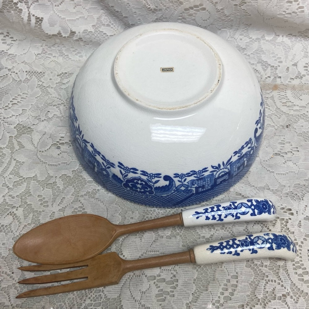 Vintage, 3pc Round Blue WillowSalad -Pasta Bowl w/ Spoon an Fork