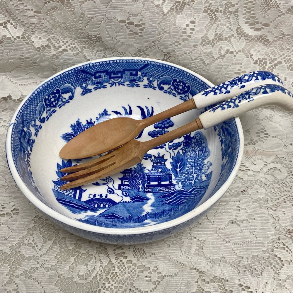 Vintage, 3pc Round Blue WillowSalad -Pasta Bowl w/ Spoon an Fork