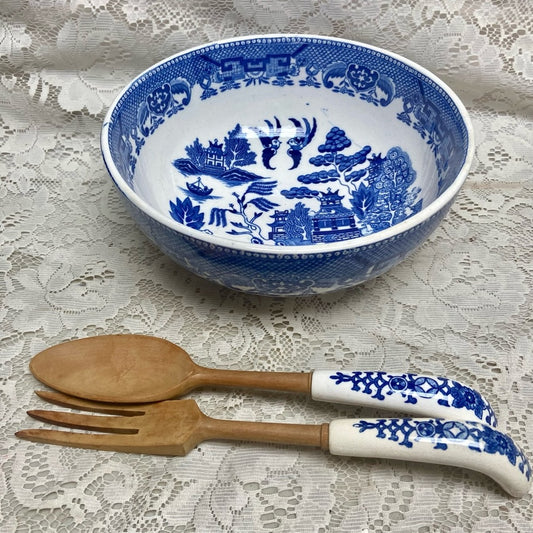 Vintage, 3pc Round Blue WillowSalad -Pasta Bowl w/ Spoon an Fork