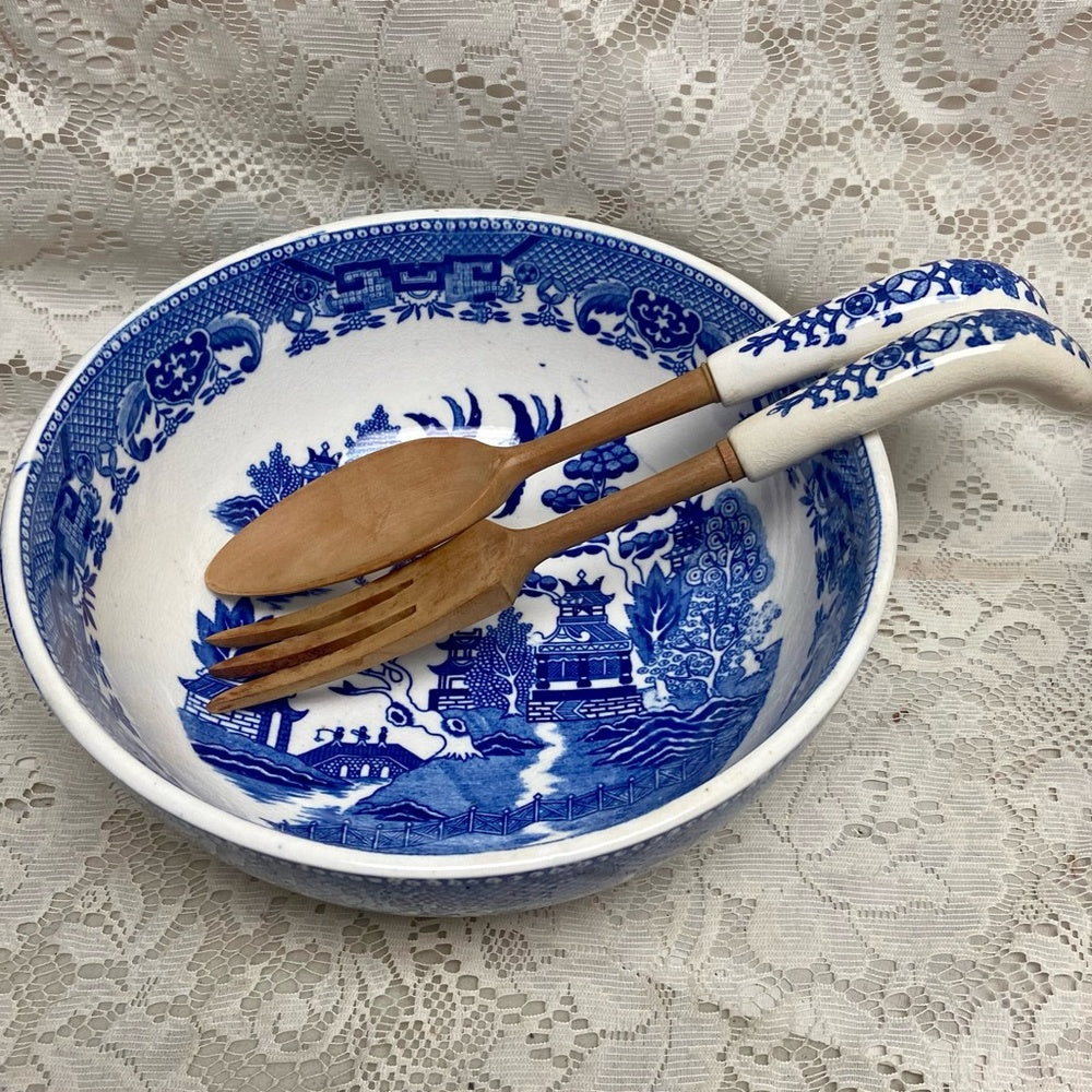 Vintage, 3pc Round Blue WillowSalad -Pasta Bowl w/ Spoon an Fork