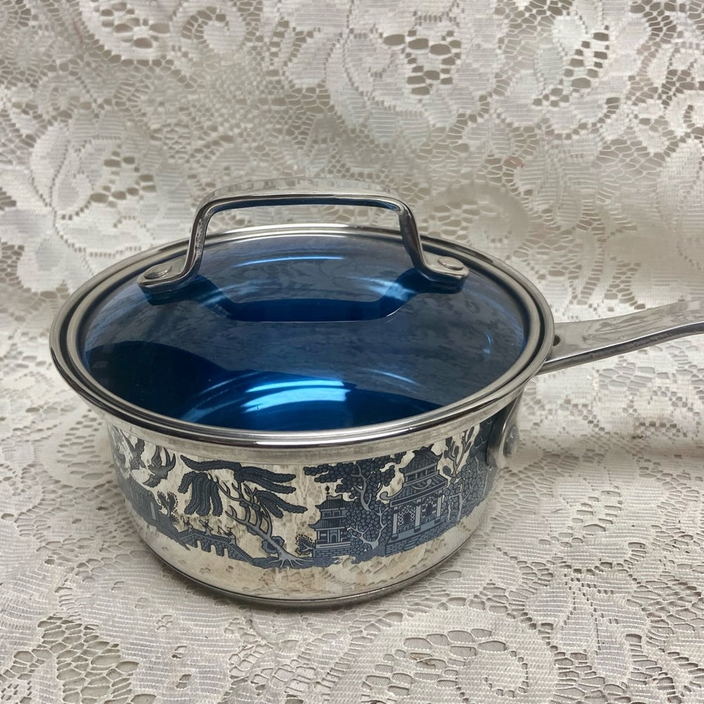 Blue Willow, Stainless Steel-Covered Sauce Pan 13.5in L x 6.5in D x 4.5in H