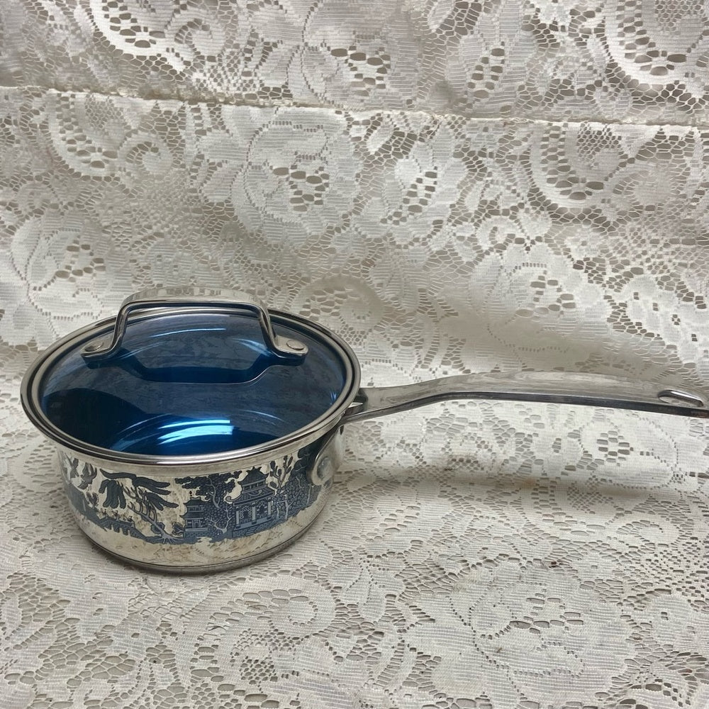 Blue Willow, Stainless Steel-Covered Sauce Pan 13.5in L x 6.5in D x 4.5in H