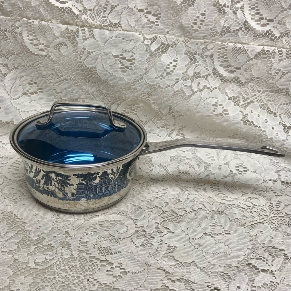 Blue Willow, Stainless Steel-Covered Sauce Pan 13.5in L x 6.5in D x 4.5in H