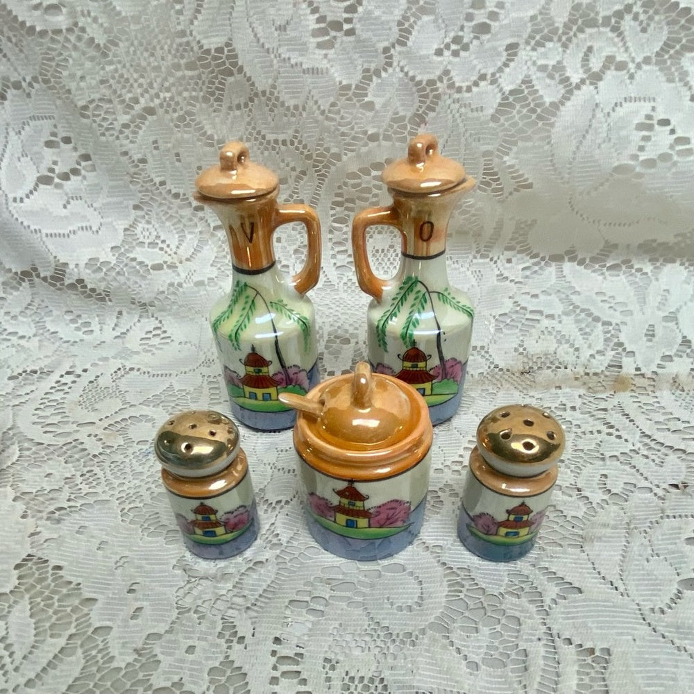 Vintage, Rare 11-pc Gaudy Blue Willow Condiment Set
