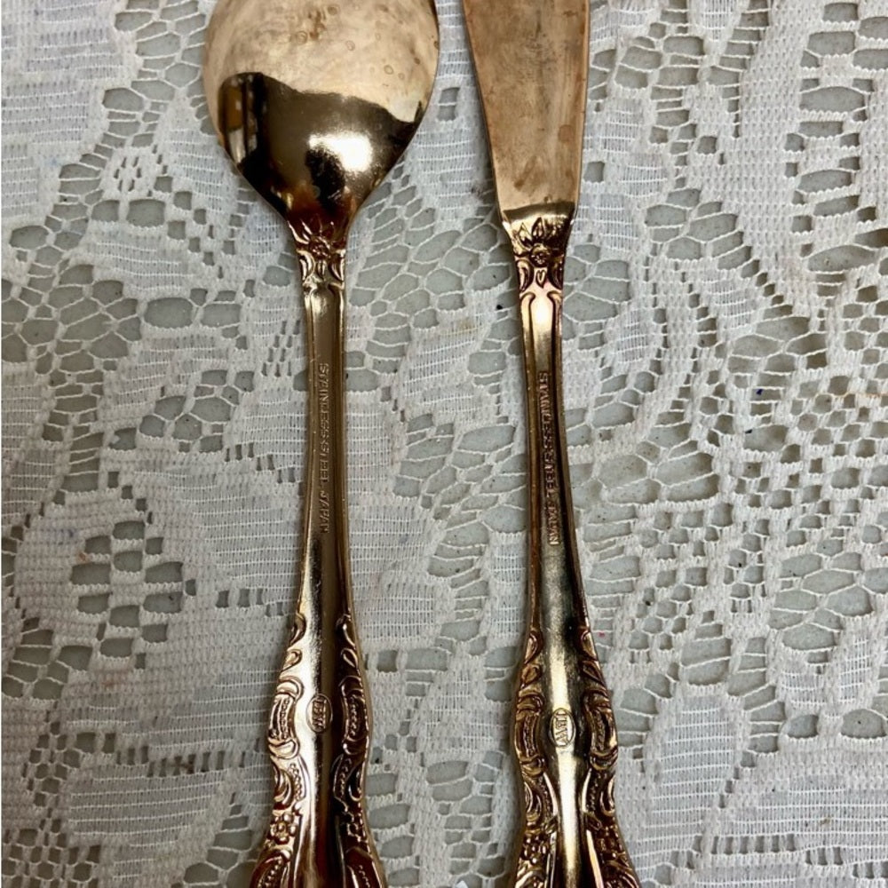 Vintage, IBW, Japan 42-pc Gold Plated Flatware Service for 8 with Box (2ZE-0723)