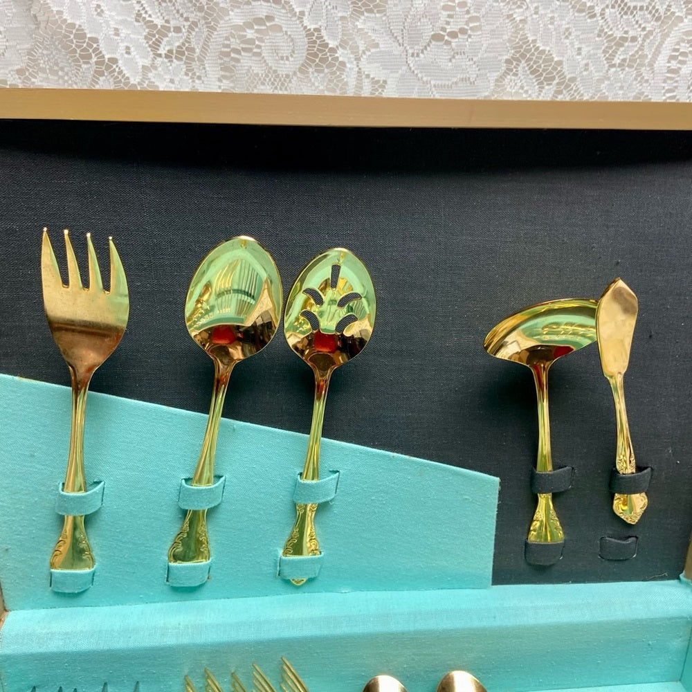 Vintage, 34-pc Estia, Korea Gold Plated Flatware for 6 with Hostess Set and Box