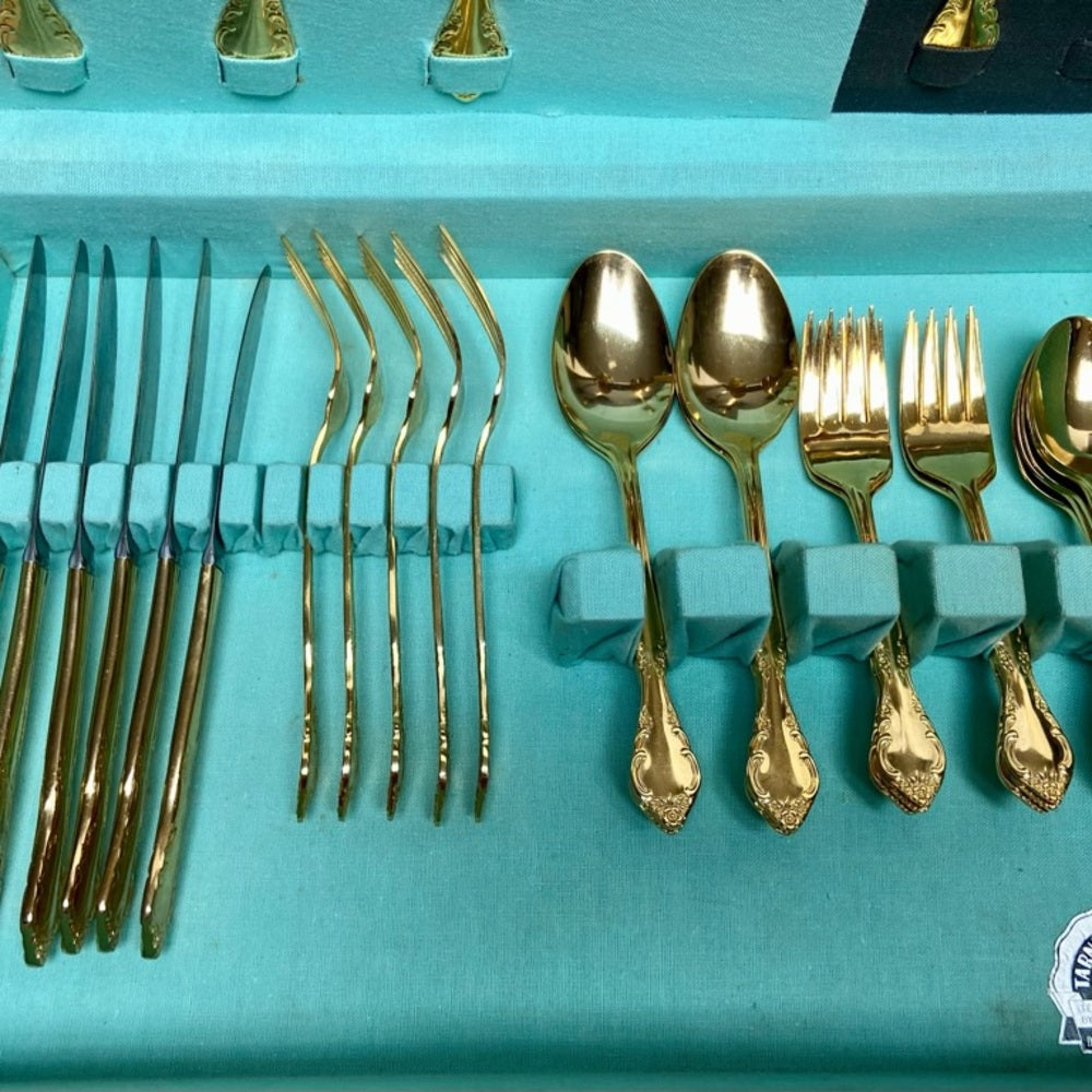 Vintage, 34-pc Estia, Korea Gold Plated Flatware for 6 with Hostess Set and Box