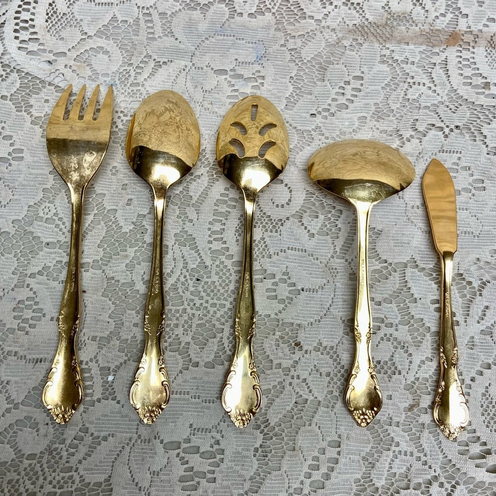 Vintage, 34-pc Estia, Korea Gold Plated Flatware for 6 with Hostess Set and Box