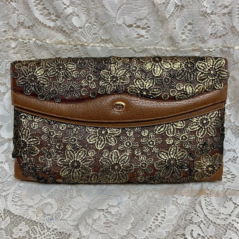 Vintage Gucci Gold Floral Evening Clutch Crossbody