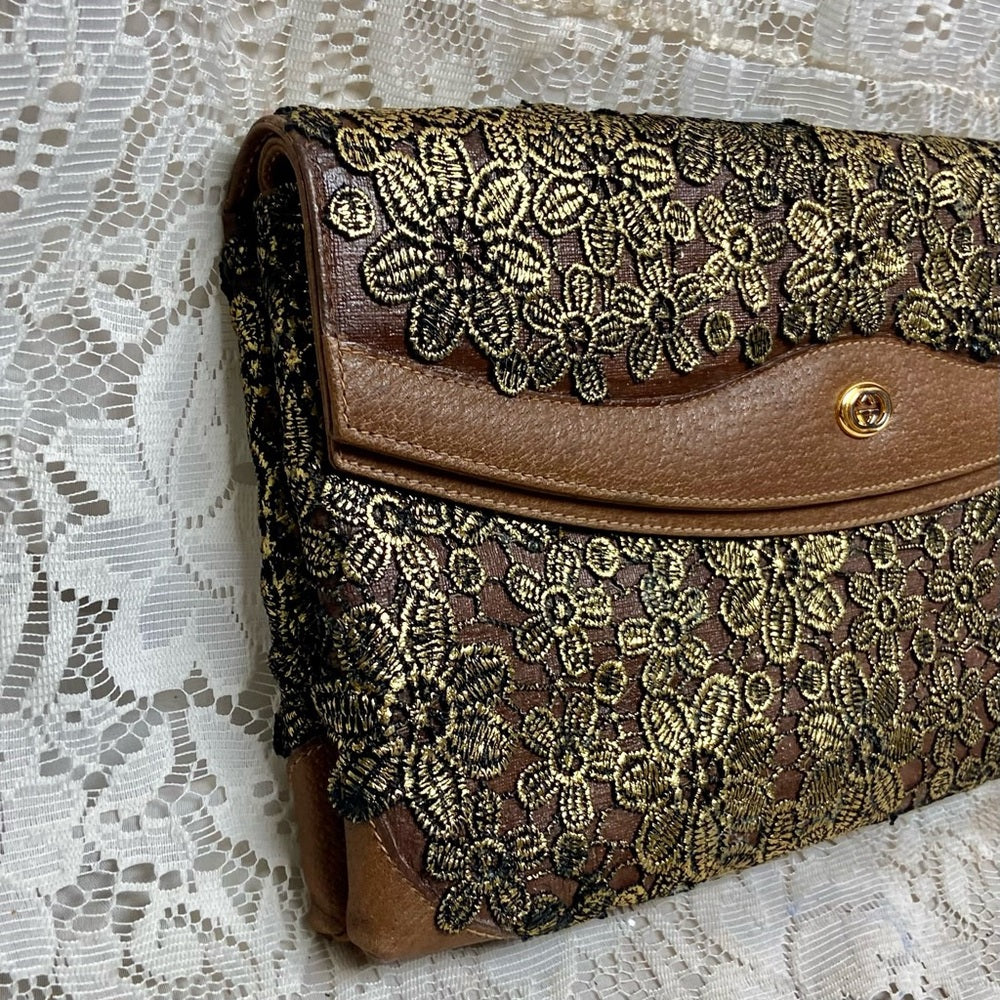 Vintage Gucci Gold Floral Evening Clutch Crossbody