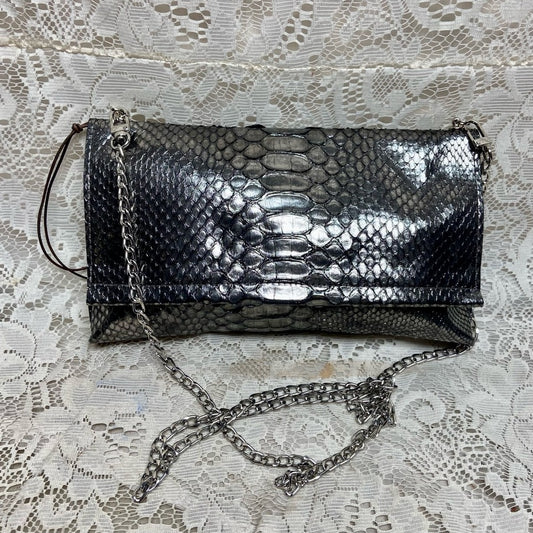Metallic Silver Faux Snakeskin Leather Clutch Wristlet-Crossbody