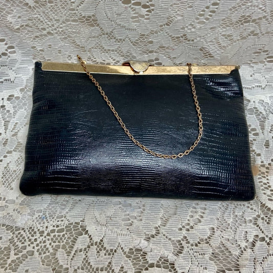 Vintage, Etra , Embossed Black Lizard Leather Clutch -Shoulder Bag