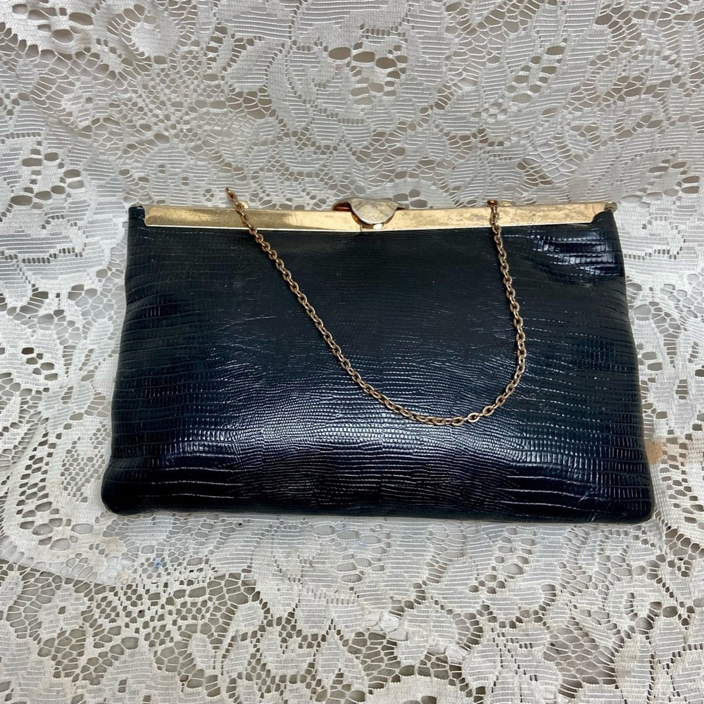 Vintage, Etra , Embossed Black Lizard Leather Clutch -Shoulder Bag