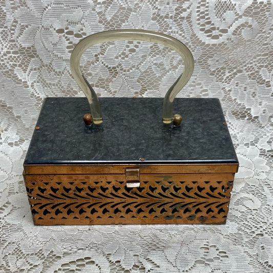 Vintage, Pierced Copper Tone Metal and Gray Lucite Boxy Purse- 8in x4.5 x 3.5in