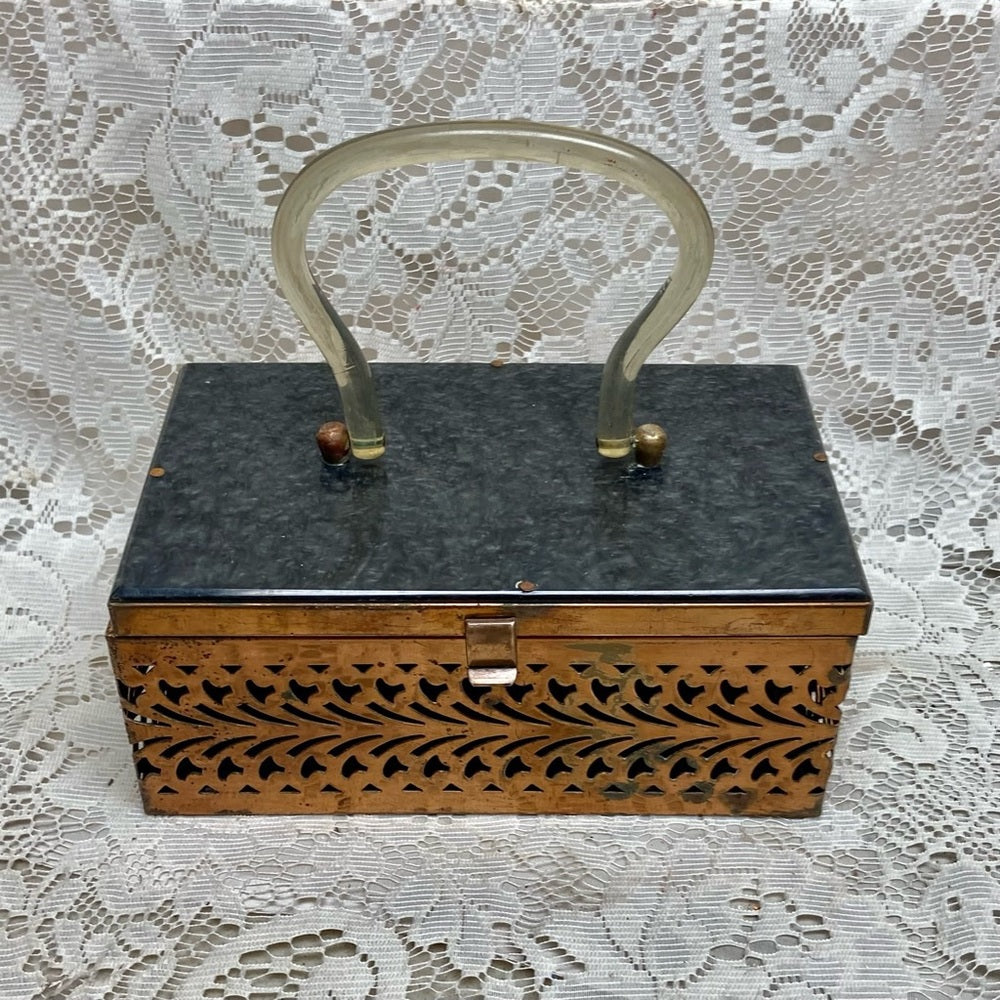 Vintage, Pierced Copper Tone Metal and Gray Lucite Boxy Purse- 8in x4.5 x 3.5in
