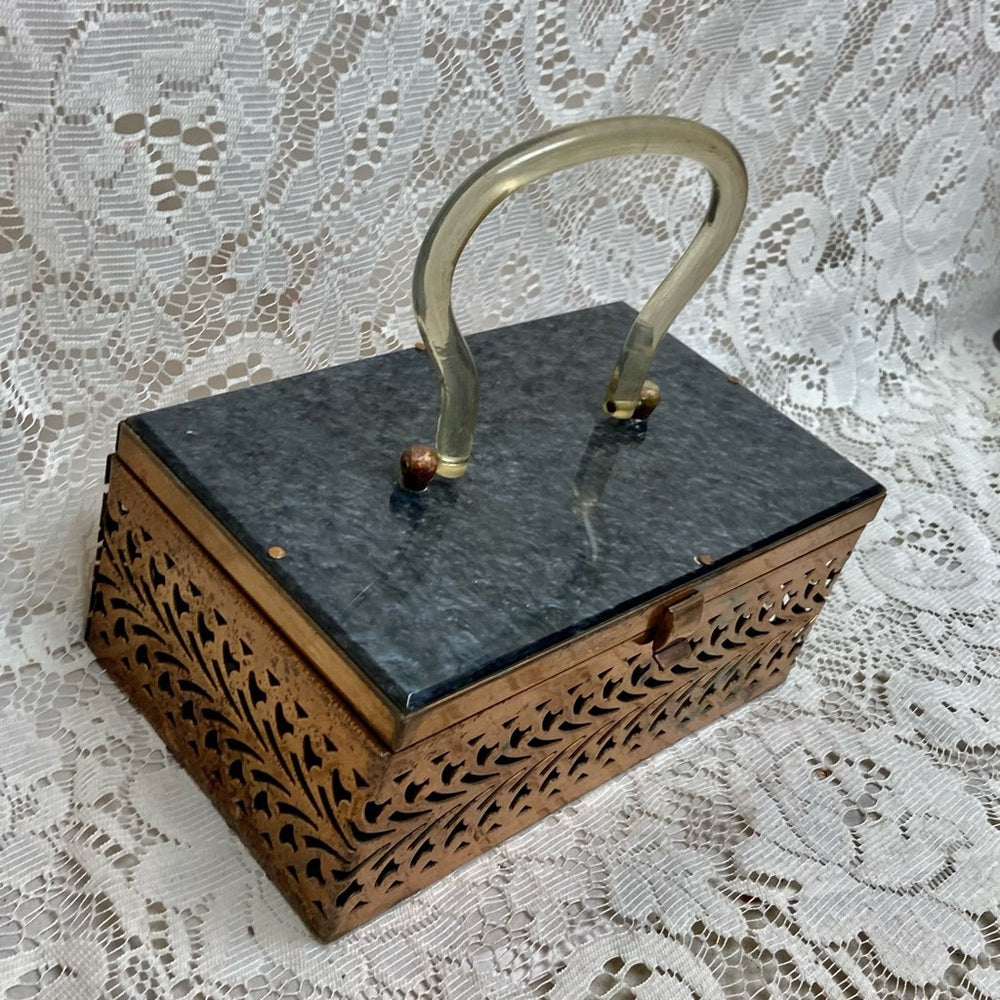 Vintage, Pierced Copper Tone Metal and Gray Lucite Boxy Purse- 8in x4.5 x 3.5in