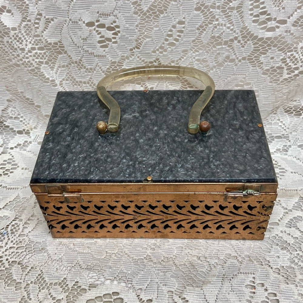 Vintage, Pierced Copper Tone Metal and Gray Lucite Boxy Purse- 8in x4.5 x 3.5in