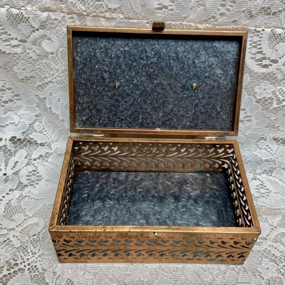 Vintage, Pierced Copper Tone Metal and Gray Lucite Boxy Purse- 8in x4.5 x 3.5in