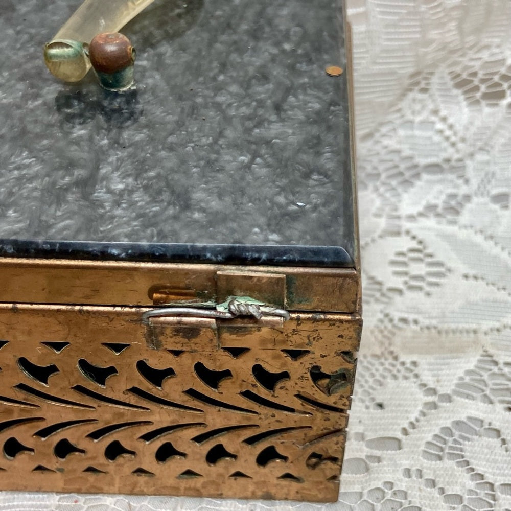 Vintage, Pierced Copper Tone Metal and Gray Lucite Boxy Purse- 8in x4.5 x 3.5in