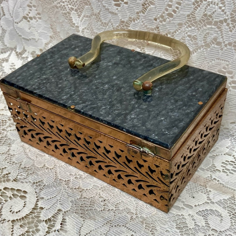 Vintage, Pierced Copper Tone Metal and Gray Lucite Boxy Purse- 8in x4.5 x 3.5in