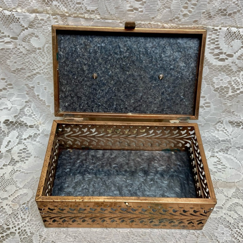 Vintage, Pierced Copper Tone Metal and Gray Lucite Boxy Purse- 8in x4.5 x 3.5in