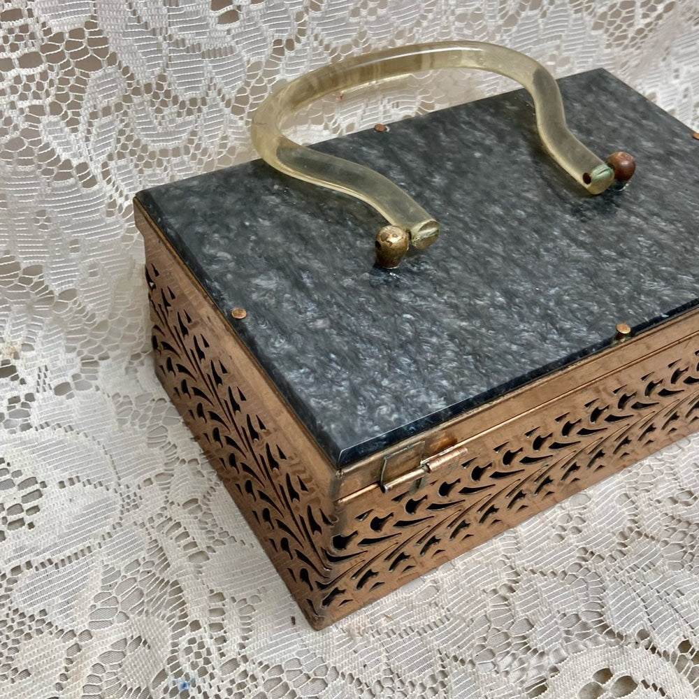 Vintage, Pierced Copper Tone Metal and Gray Lucite Boxy Purse- 8in x4.5 x 3.5in