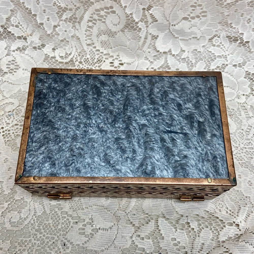 Vintage, Pierced Copper Tone Metal and Gray Lucite Boxy Purse- 8in x4.5 x 3.5in