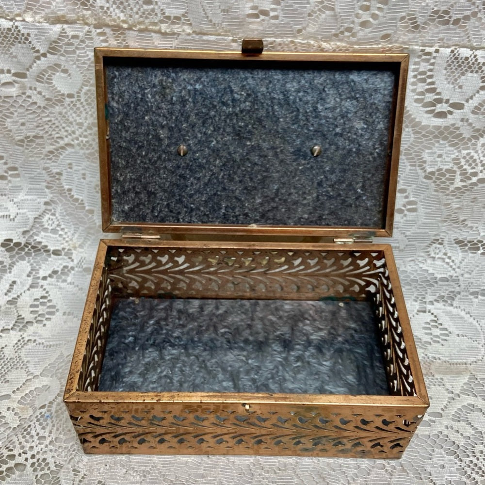 Vintage, Pierced Copper Tone Metal and Gray Lucite Boxy Purse- 8in x4.5 x 3.5in