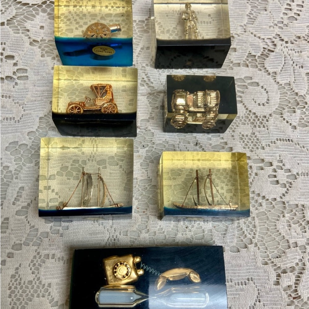 Lot of 2-1950s Vintage, Rare, Acrylic Lucite Gold Antique Cars Paperweight  (F07