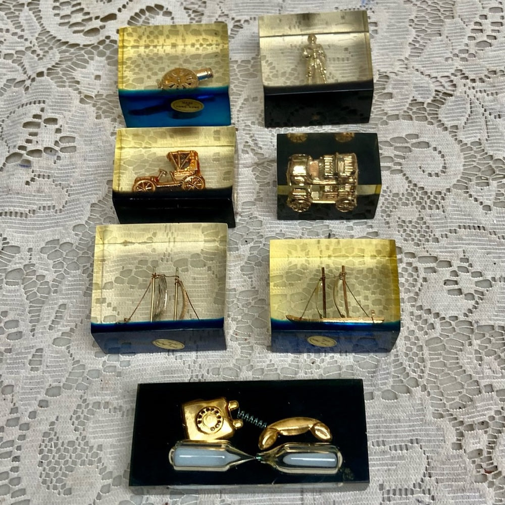 Lot of 2-1950s Vintage, Rare, Acrylic Lucite Gold Antique Cars Paperweight  (F07