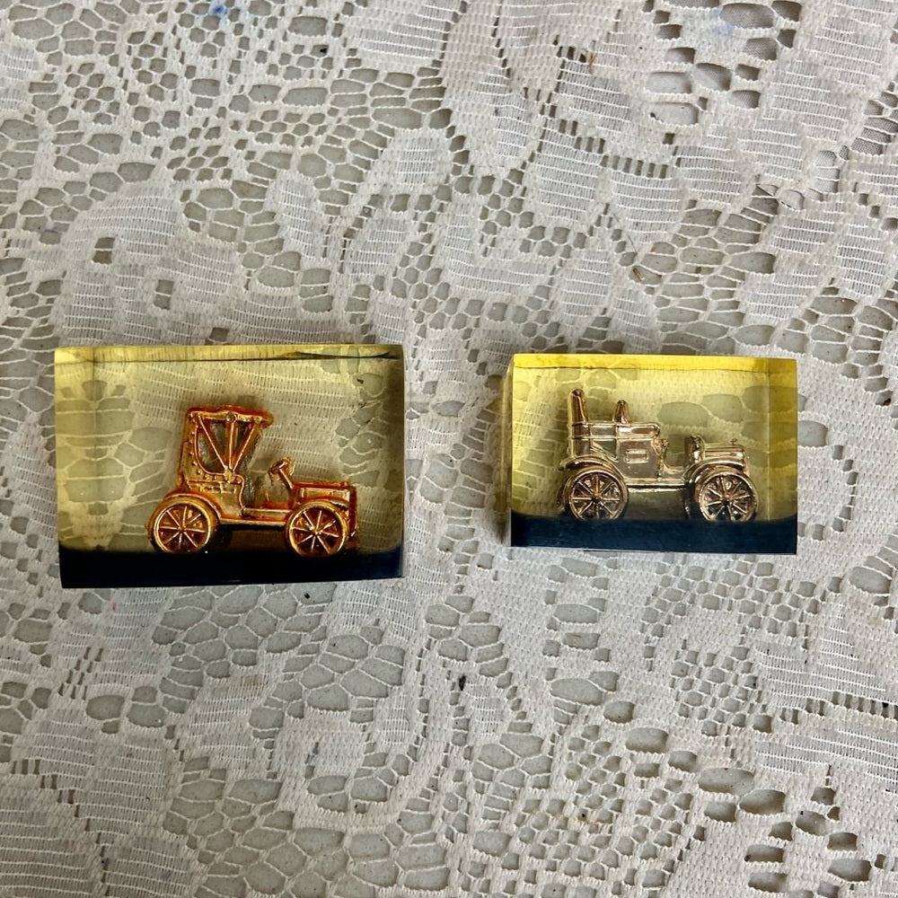 Lot of 2-1950s Vintage, Rare, Acrylic Lucite Gold Antique Cars Paperweight  (F07