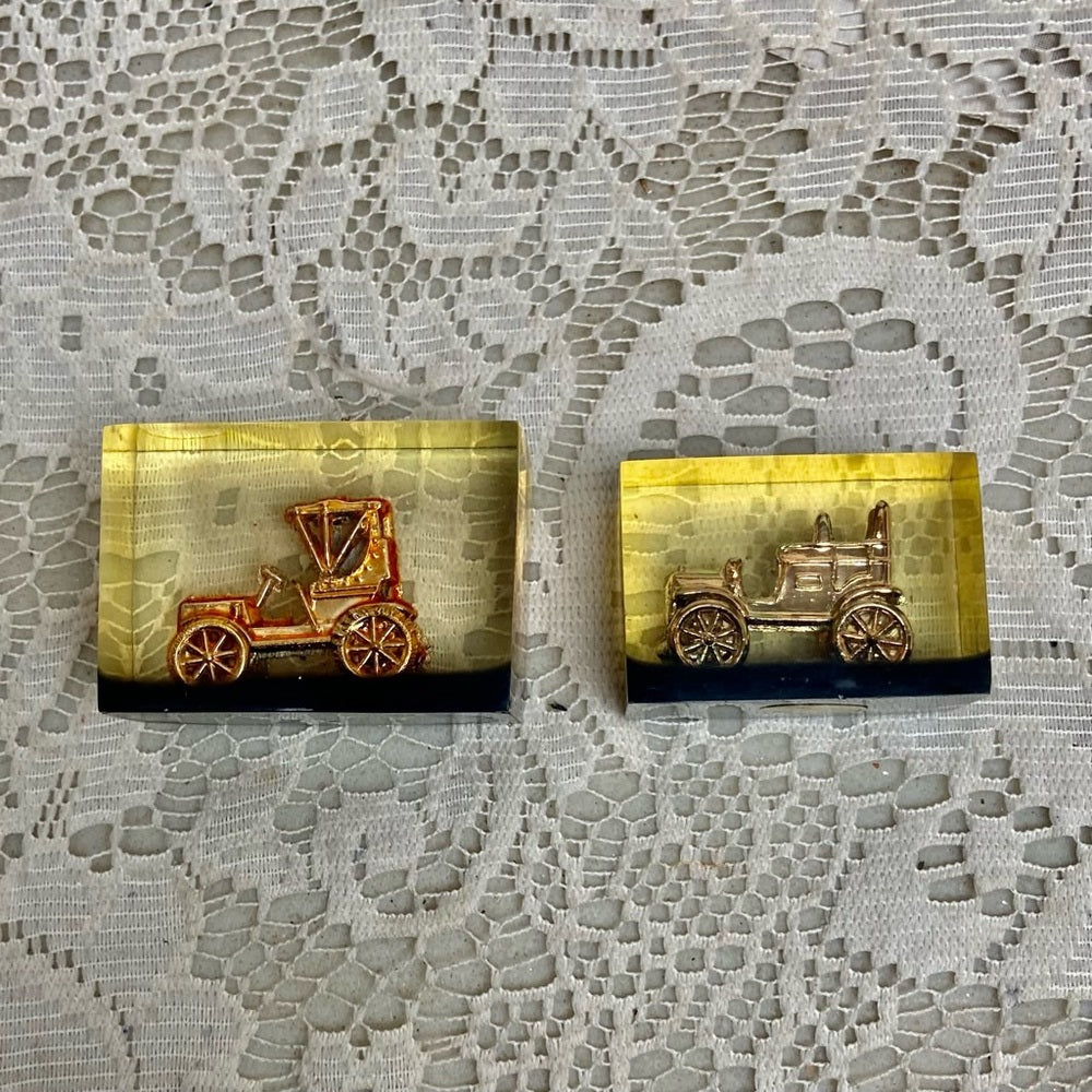 Lot of 2-1950s Vintage, Rare, Acrylic Lucite Gold Antique Cars Paperweight  (F07
