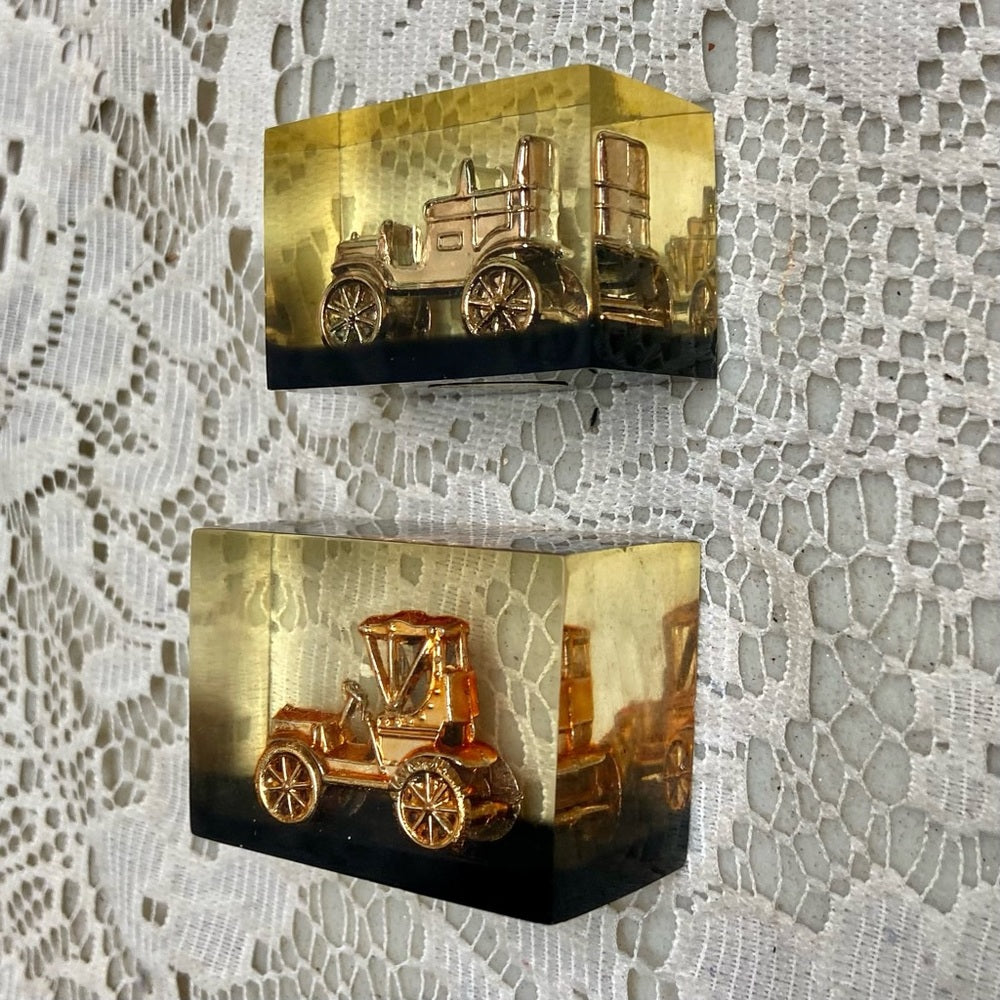 Lot of 2-1950s Vintage, Rare, Acrylic Lucite Gold Antique Cars Paperweight  (F07