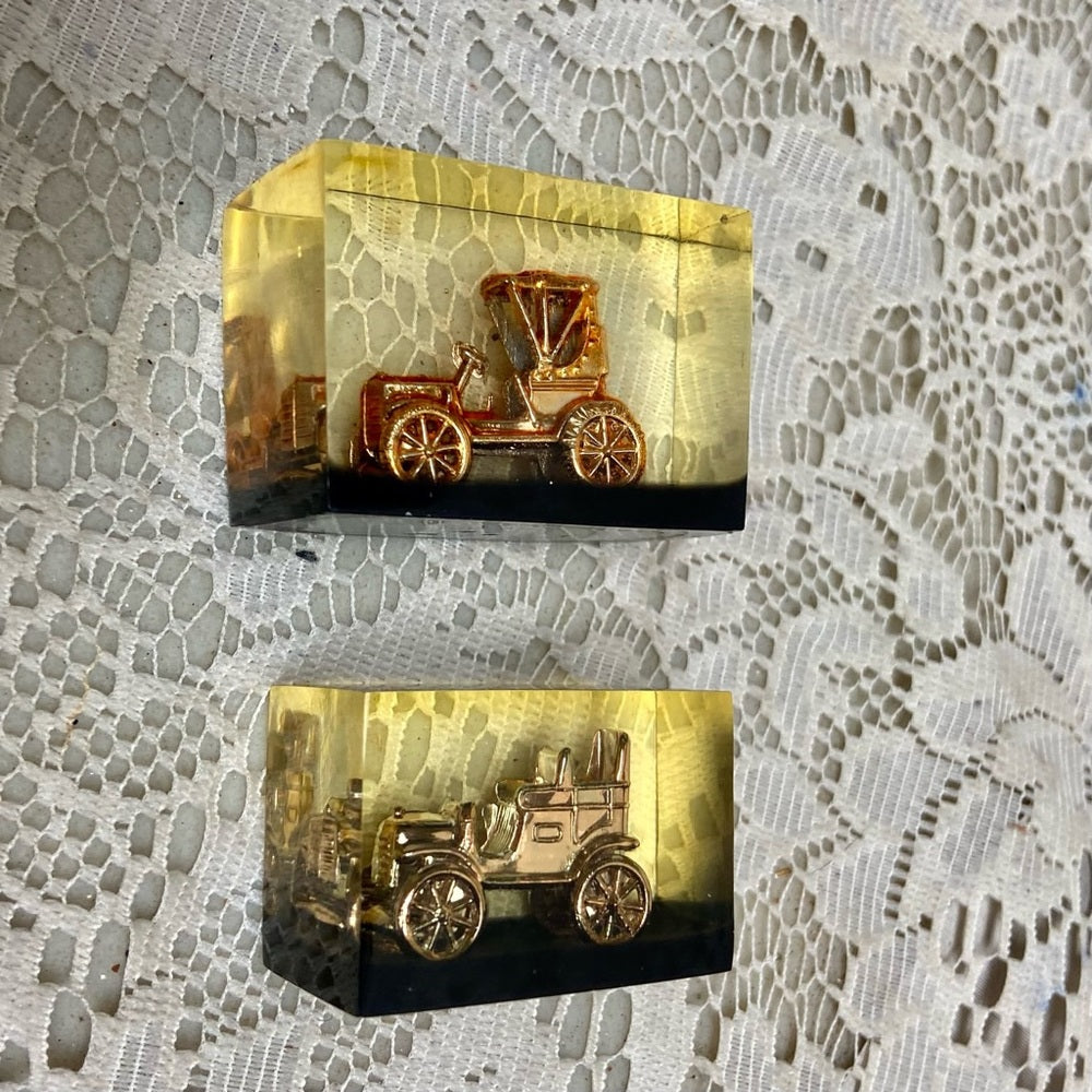 Lot of 2-1950s Vintage, Rare, Acrylic Lucite Gold Antique Cars Paperweight  (F07