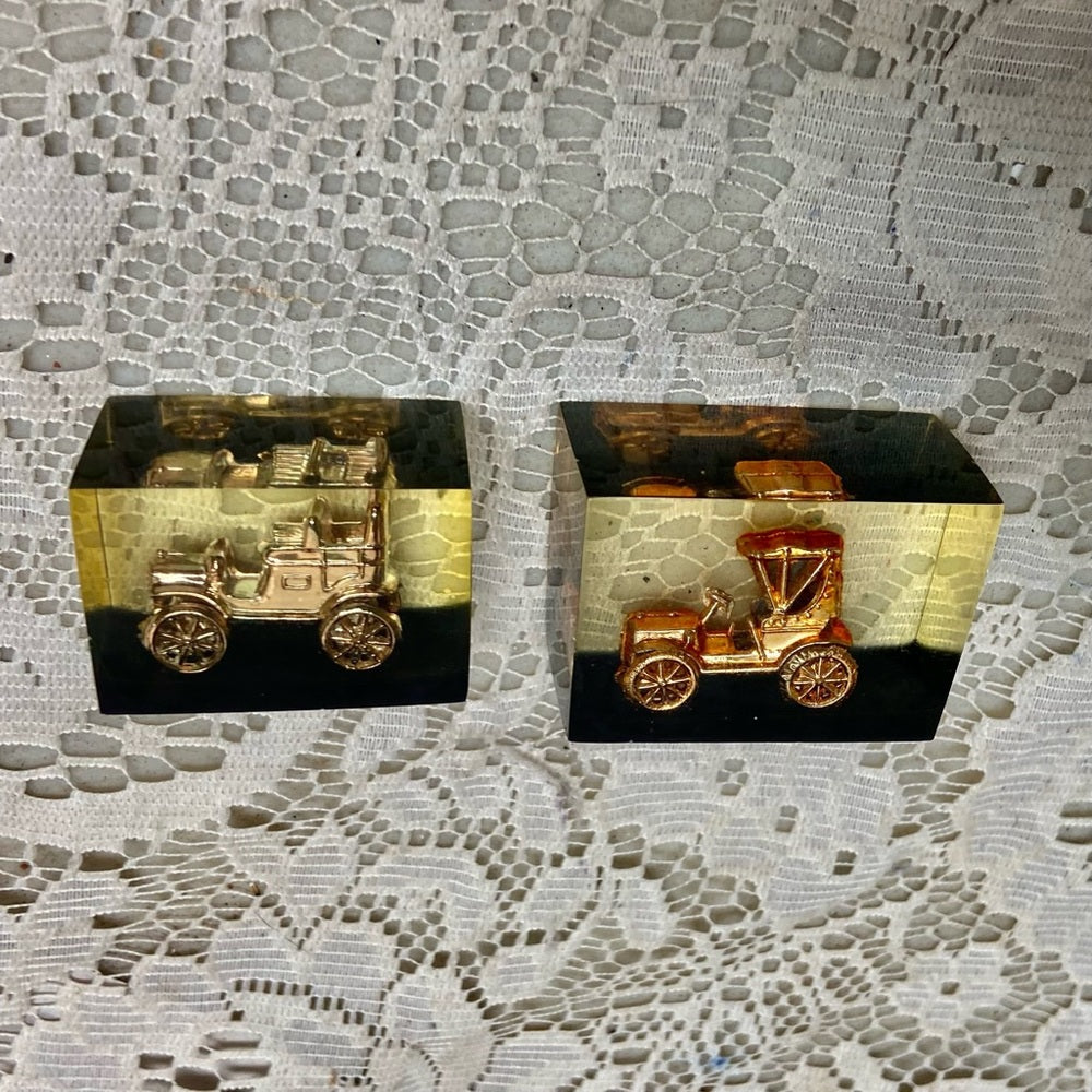 Lot of 2-1950s Vintage, Rare, Acrylic Lucite Gold Antique Cars Paperweight  (F07