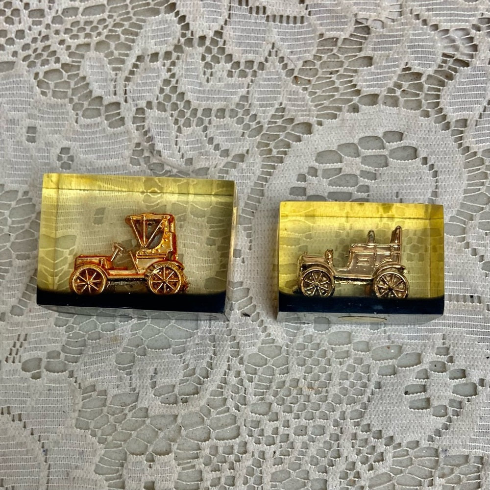 Lot of 2-1950s Vintage, Rare, Acrylic Lucite Gold Antique Cars Paperweight  (F07