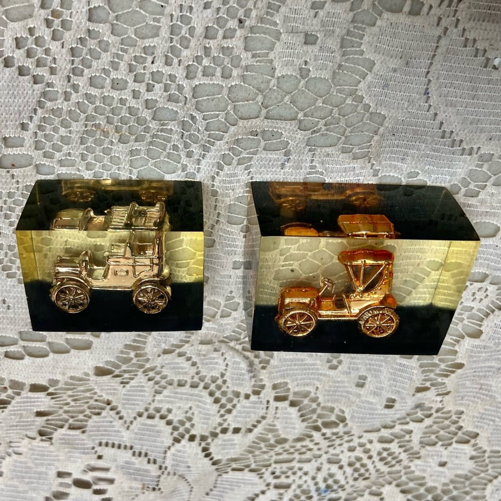 Lot of 2-1950s Vintage, Rare, Acrylic Lucite Gold Antique Cars Paperweight  (F07